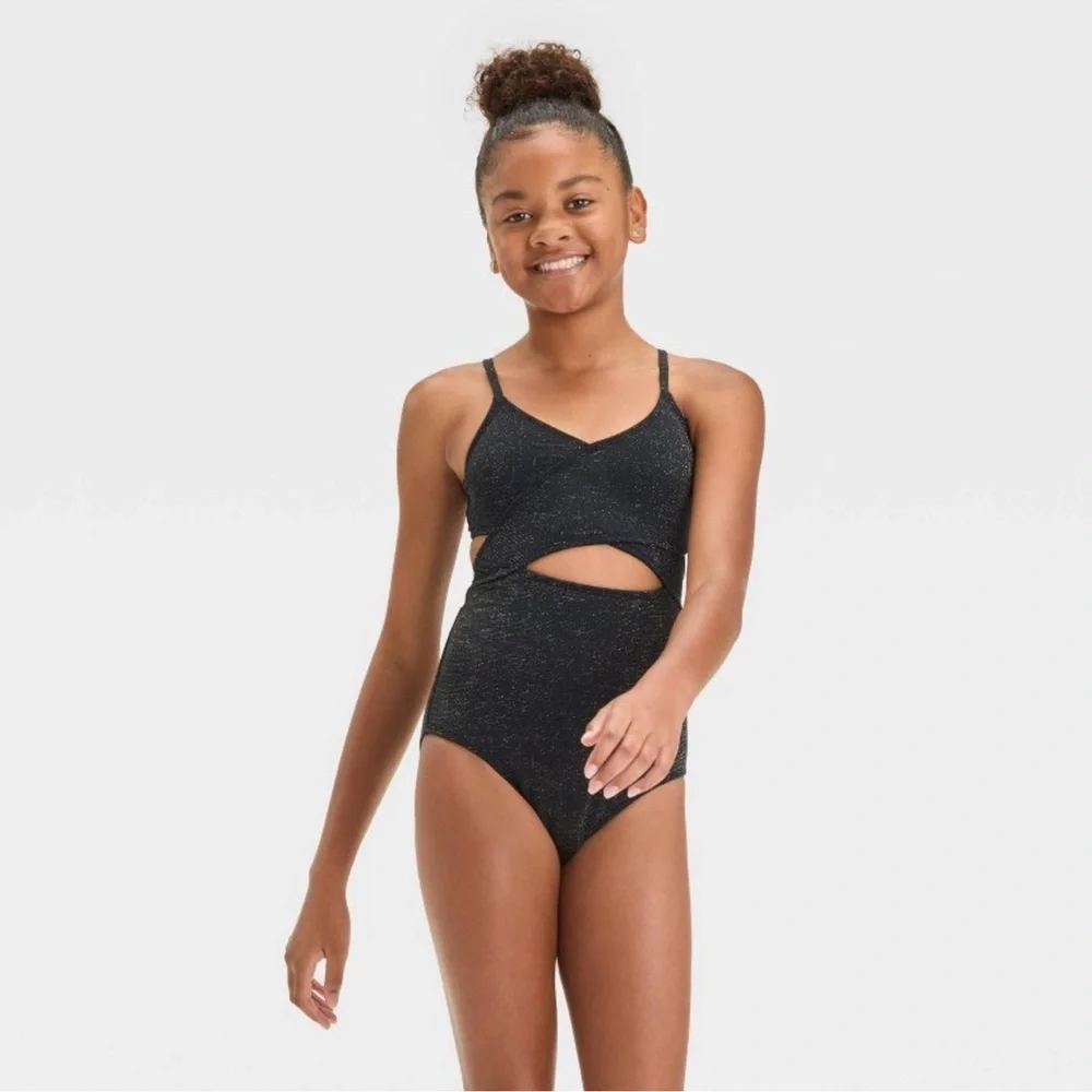 NWT Art & Class Girl One Piece Black Glitter Swimsuit M (8)
